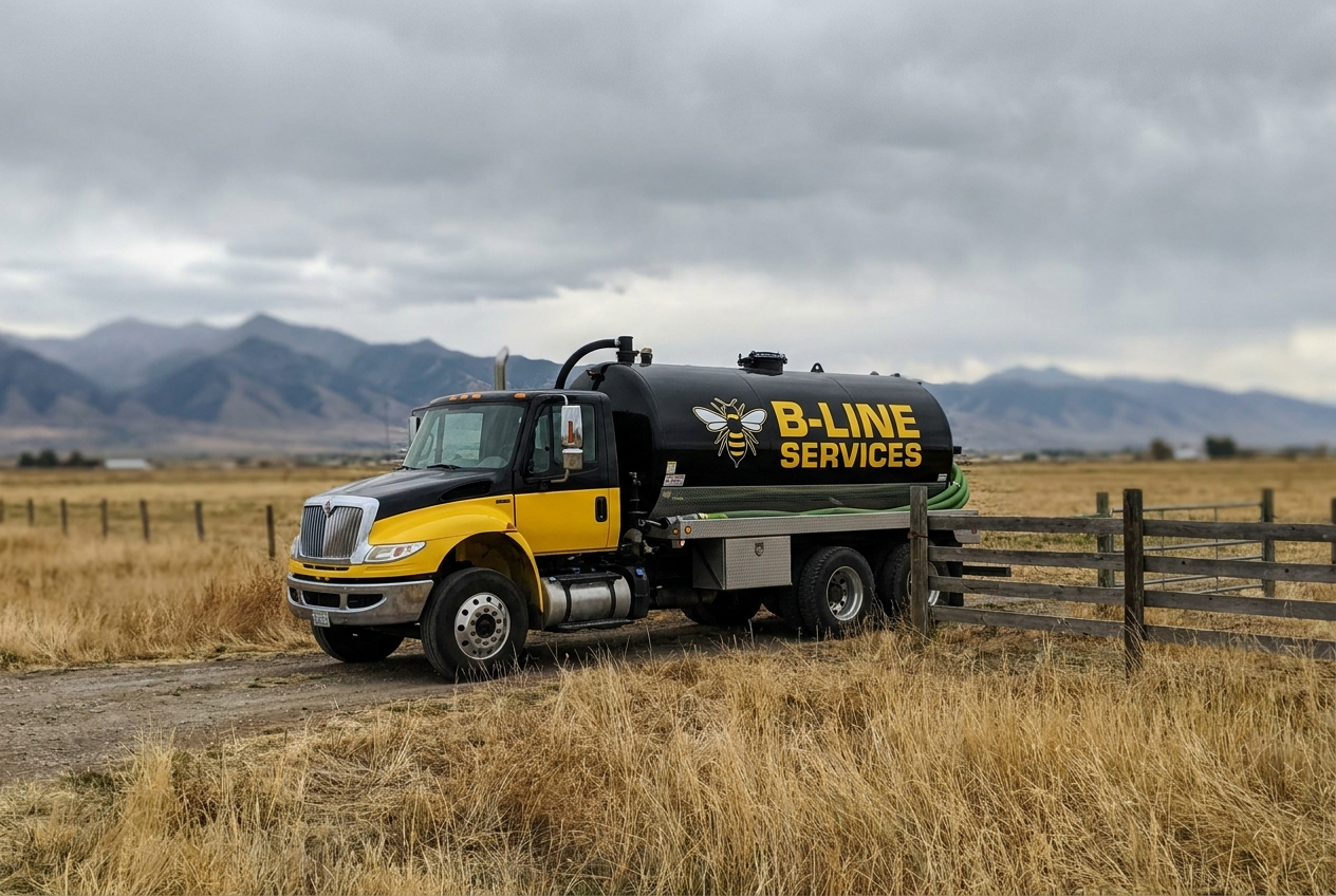 B-Line Services septic vacuum truck on a rural Pocatello, Idaho property
